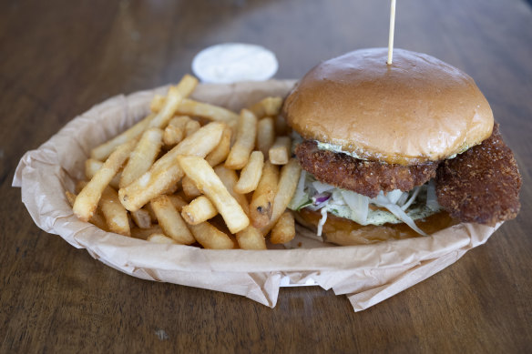 Vero Valentino burger with panko-crumbed barramundi.