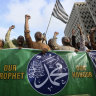 Supporters of a Pakistani religious group chant anti-Indian slogans during a demonstration in Karachi, Pakistan. 