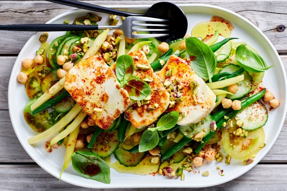 Green bean and chickpea salad with crispy halloumi and tajin dressing.
