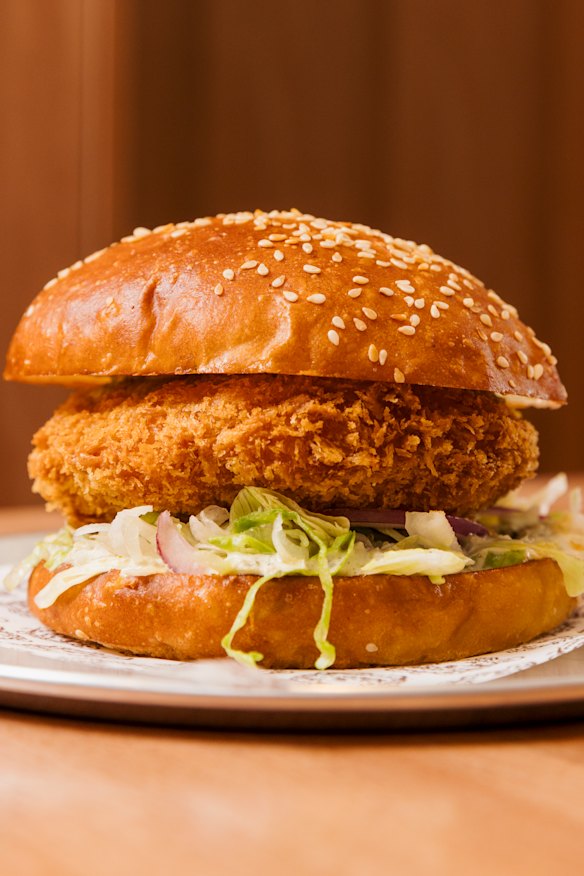 Golden crumbed prawn burger.
