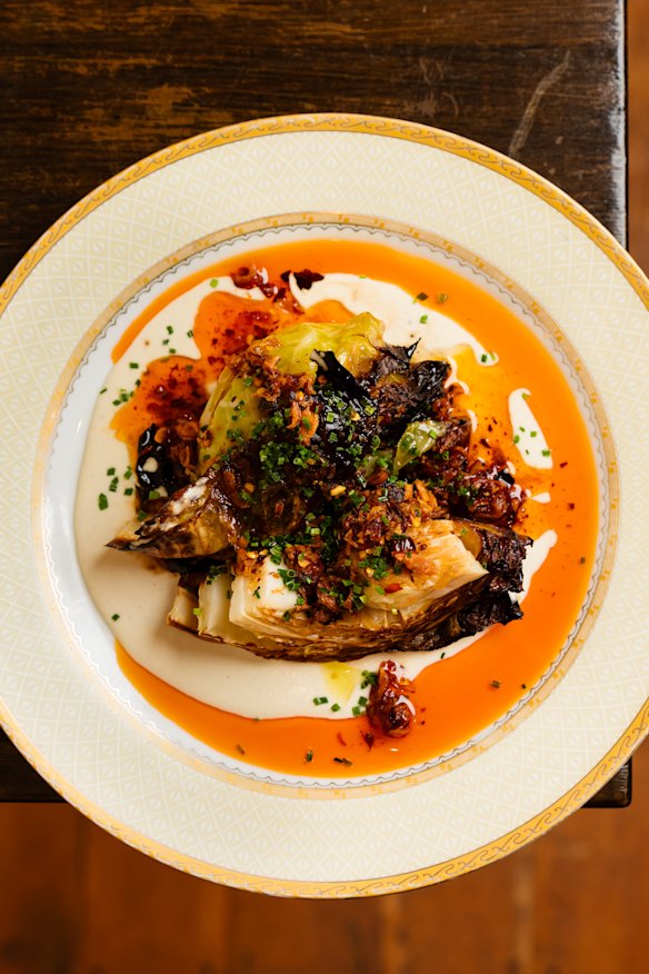 Wood-grilled cabbage, cashew cream, chilli crisp.