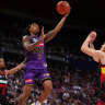 Jaylen Adams of the Kings drives to the basket during the round three NBL clash.