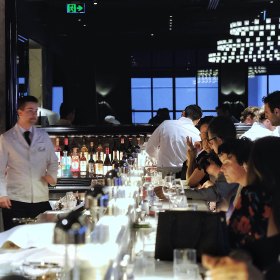 Sit up at the bar for a steak sandwich.