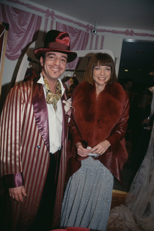 British fashion designer John Galliano and Anna Wintour at a party at Bergdorf Goodman (1998). Wintour nurtured a young Galliano’s career, helping him secure positions and Givenchy and Dior.