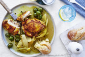 Baked chicken cutlets with olives and fennel seed.