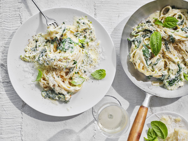 Spinach, spring onion and basil pasta.