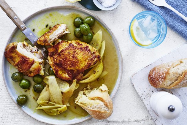 Baked chicken cutlets with olives and fennel seed.