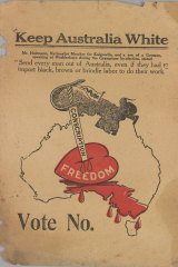 A racist poster of the time portrays conscription as a mortal blow to White Australia.