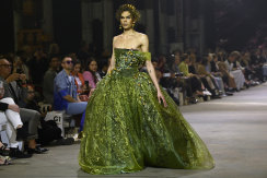 Gumnut queen: Indigenous drag queen Felicia Foxx walks the runway in the First Nations Fashion Show wearing the creation by artist Paul McCann.