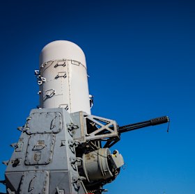 Weapons, like this 20mm Phalanx CIWS (Close-In Weapon System) cannon are being used by US Navy vessels to counter Iranian gunboat and drone threats. 