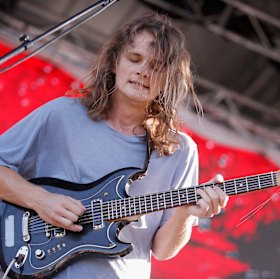 King Gizzard's Stu Mackenzie on stage at Laneway Festival in Melbourne in 2017.