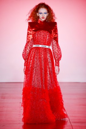 DI$COUNT UNIVERSE, ‘The battle axe’ red silk velvet shoulder dress,  (Spring 2019 collection), National Gallery of Australia, Canberra, courtesy of the artists.