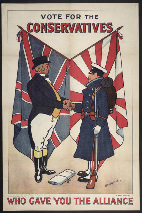 Britain saw its 1902 alliance with Japan, highlighted in this 1906 election poster, as shoring up its position in the Pacific. Australia's leaders viewed it with alarm.