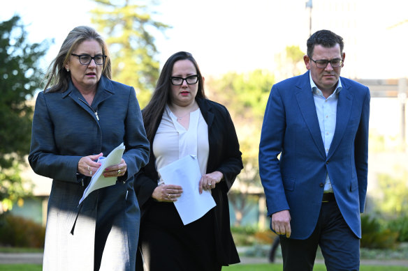 Jacinta Allan, Victorian Minister for Regional Development Harriet Shing and former premier Daniel Andrews announce the cancellation of the Commonwealth Games on July 18.