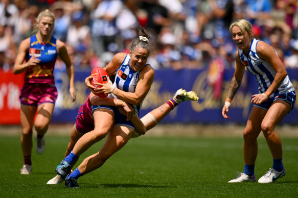 Dakota Davidson comes up with a key tackle against the Kangaroos.