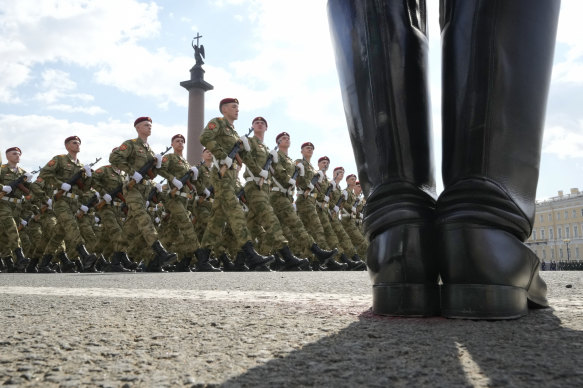 Troops march during a rehearsal for the Victory Day parade.