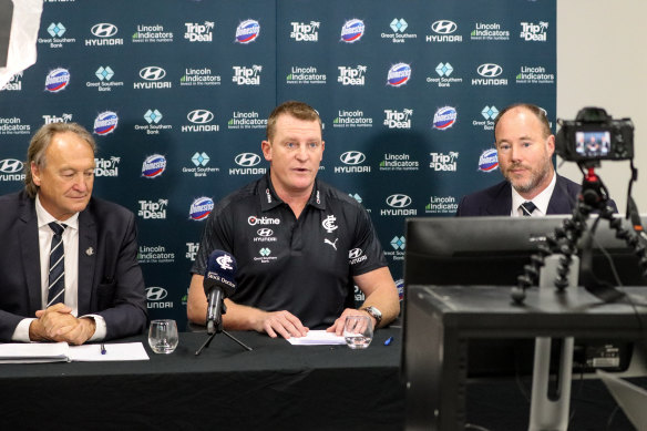 Blues CEO Brian Cook (left) enjoyed Carlton’s finals win. 