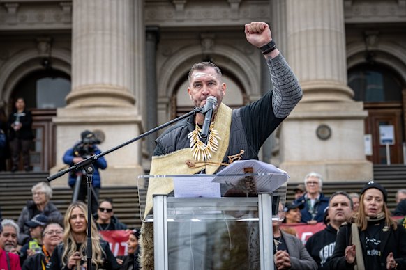 Yoorrook commissioner Travis Lovett at the end of the Walk for Truth at the steps of Parliament House on June 16.