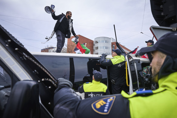 Protest against Israel’s President Isaac Herzog at the opening of the new National Holocaust Museum in Amsterdam.