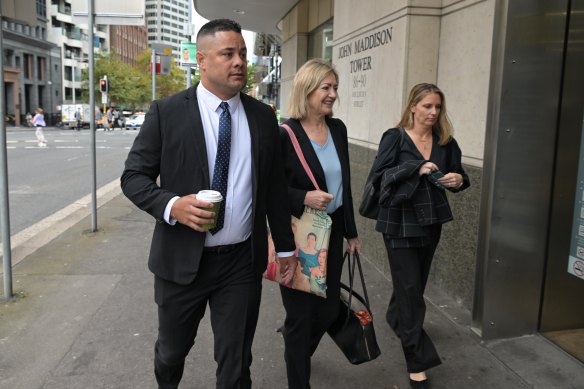 Jarryd Hayne arrives with his legal team on Tuesday.