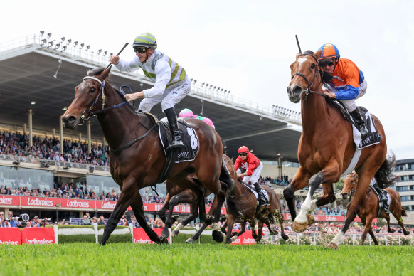 Beau Mertens stands in the irons after steering Skybird to victory on Cox Plate day.