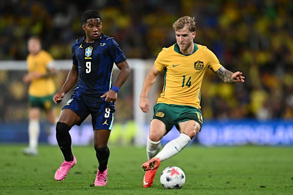 Riley McGree returned for the Socceroos last month against Brazil.