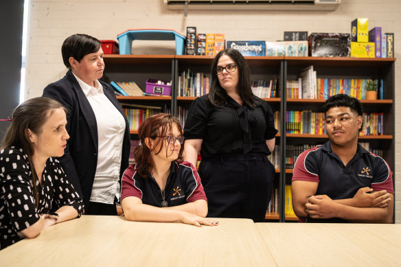 Amy Krisenthal with Chifley College acting principal Karen Attard, student Chelsea Knight , teacher Nicole Garner and student Jeremiah Sosaiete Ah Young.