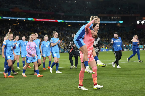 Goalkeeper Mary Earps and Rachel Daly lead the Lionesses’ celebrations.