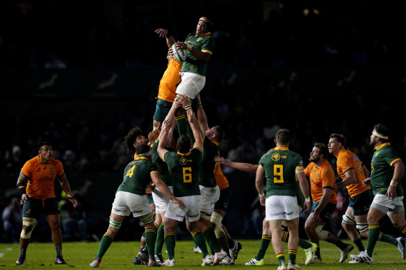 South Africa’s Marvin Orie catches the ball during a line out for the Rugby Championship test match against Australia.