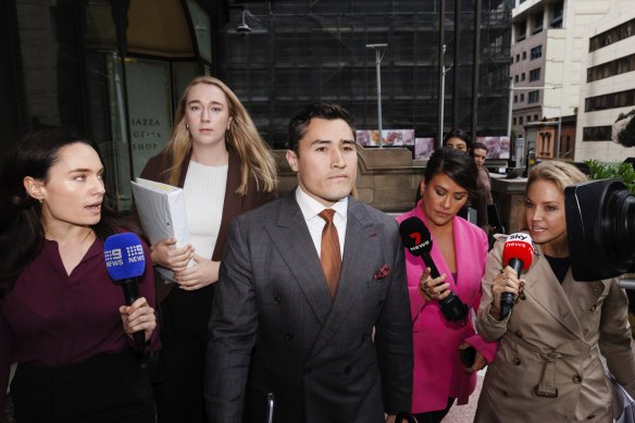 Wrench leaves court on Tuesday with colleague Grace Nicholson (second from left).