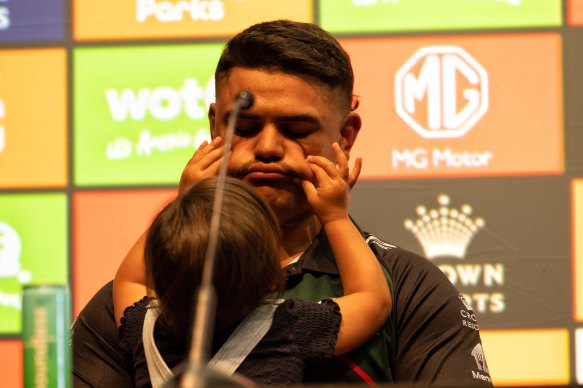 Latrell Mitchell and his rugby league loving daughter Aleena re-signed with the Souths last year.