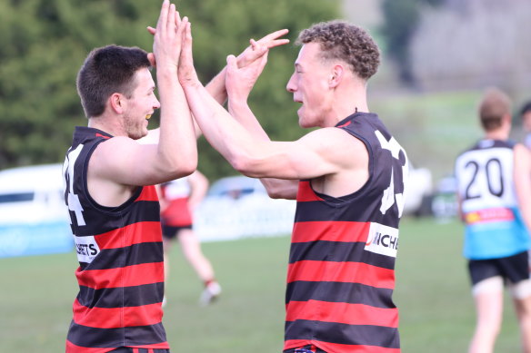 Jacob Mibus (left) booted the winning goal to get Penshurst into the grand final. Josh Rentsch was close to being drafted to the AFL.