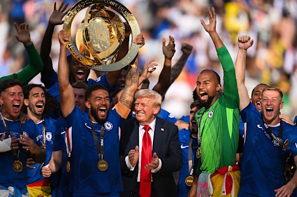 Donald Trump makes himself conspicuous in Chelsea’s Club World Cup celebrations.