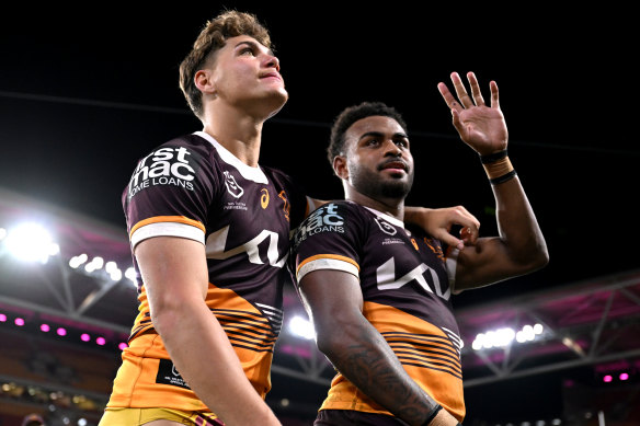 Ezra Mam (right), pictured with Reece Walsh, will remain with the Broncos until at least the end of 2029.