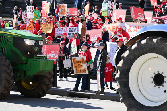 Farmers from Victoria’s western district at the steps of state parliament protesting the rollout of transmission lines through their region.