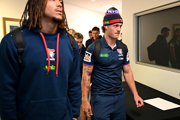 Dominic Young and Kalyn Ponga arrive for the preliminary final.