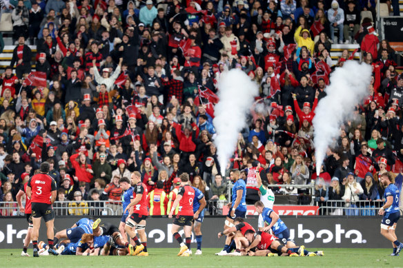 A sold-out crowd watched the clash between the Crusaders and the Blues in Christchurch.