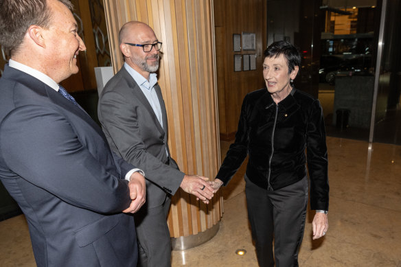 Business Council of Australia CEO Bran Black and chairman Tim Reed with outgoing boss Jennifer Westacott.