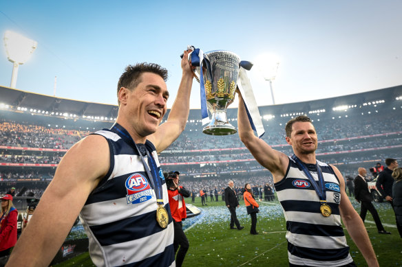 Jeremy Cameron and Patrick Dangerfield celebrate Geelong’s premiership last year. The two free agents have made the Cats an exciting team to watch.