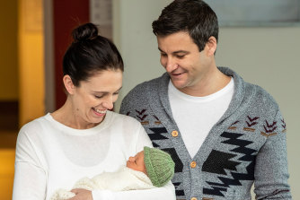 New Zealand Prime Minister Jacinda Ardern and her partner Clarke Gayford with baby daughter Neve Te Aroha. 