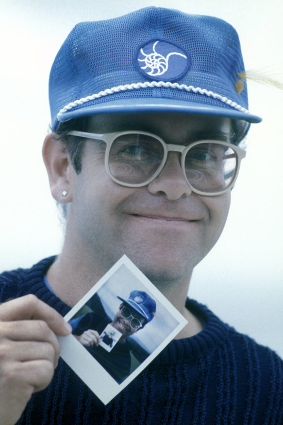 Elton John photographed at AIR Studios Montserrat where he recorded three albums.