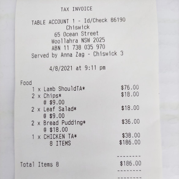 Lunch receipt from Chiswick restaurant.
