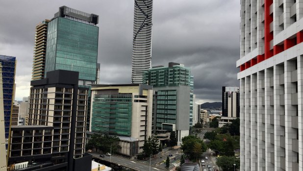 Ominous black clouds approach Brisbane City early on Saturday afternoon.