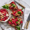 Budget-friendly bruschetta topped with tuna and tomato.