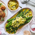 Grilled Romano beans with braised lemon, garlic and dill.