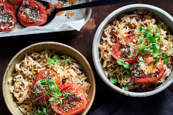 Koshari-style rice with spice-roasted tomatoes.