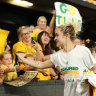 Matildas star Ellie Carpenter thanks fans at Marvel Stadium after the win over Uzbekistan in February.