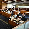 CPB Contractors General Manager, Vince Sanfilippo (right) is seen during the Commission of Inquiry into the CFMEU and Misconduct in the Construction Industry at the Brisbane Magistrates Court in Brisbane.
