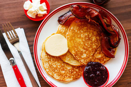 Pancakes can be customised by adding maple bacon, cream or blueberry compote.