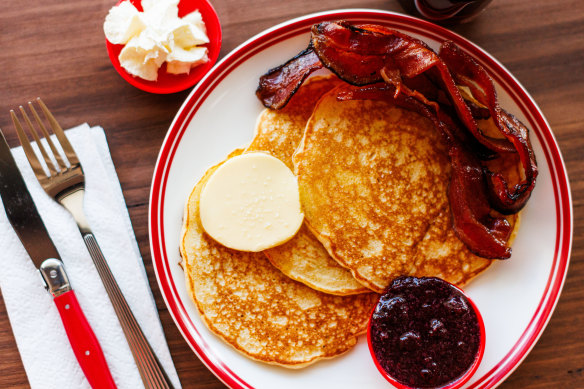 Pancakes can be customised by adding maple bacon, cream or blueberry compote.